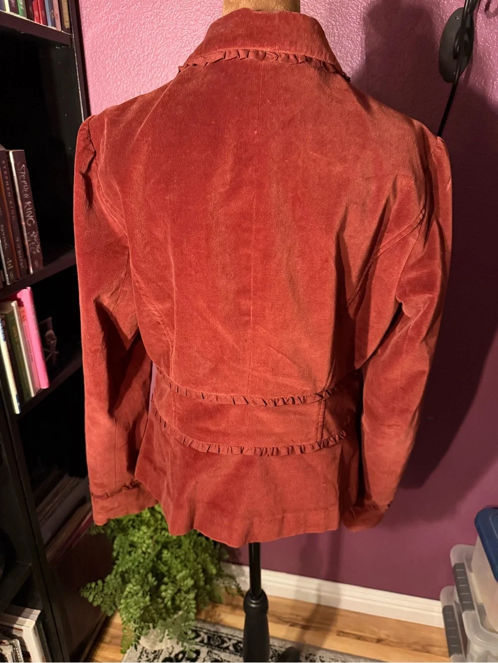 Ruffled Rust colored velvet Blazer- Classic Tailored Style